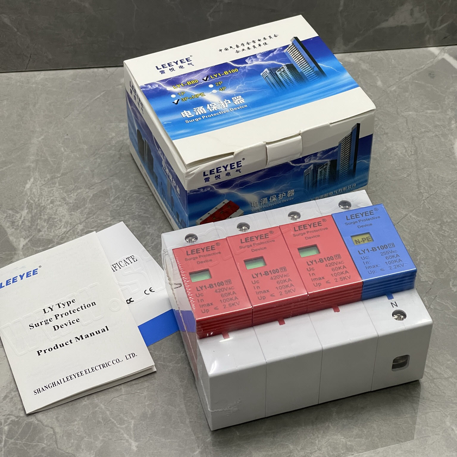 อุปกรณ์ป้องกันฟ้าผ่า Surge AC และไฟกระชาก3 เฟส L1 L2 L3 N-PE 100Ka (LEEYEE) LY1-B100 3P-N-PE 100Ka