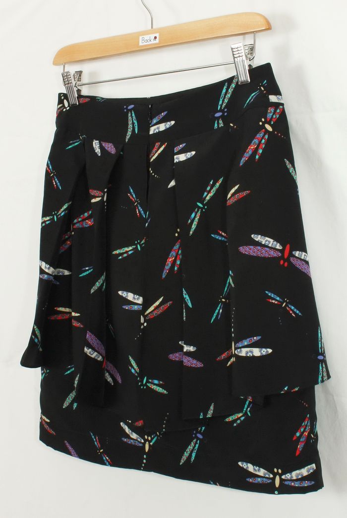 SK-222 กระโปรงแฟชั่น&ทำงาน ผ้าหางกระรอกพิมพ์ลายแมลงปอพื้นดำ มีโบว์ซ้อนกัน 2 ชั้น