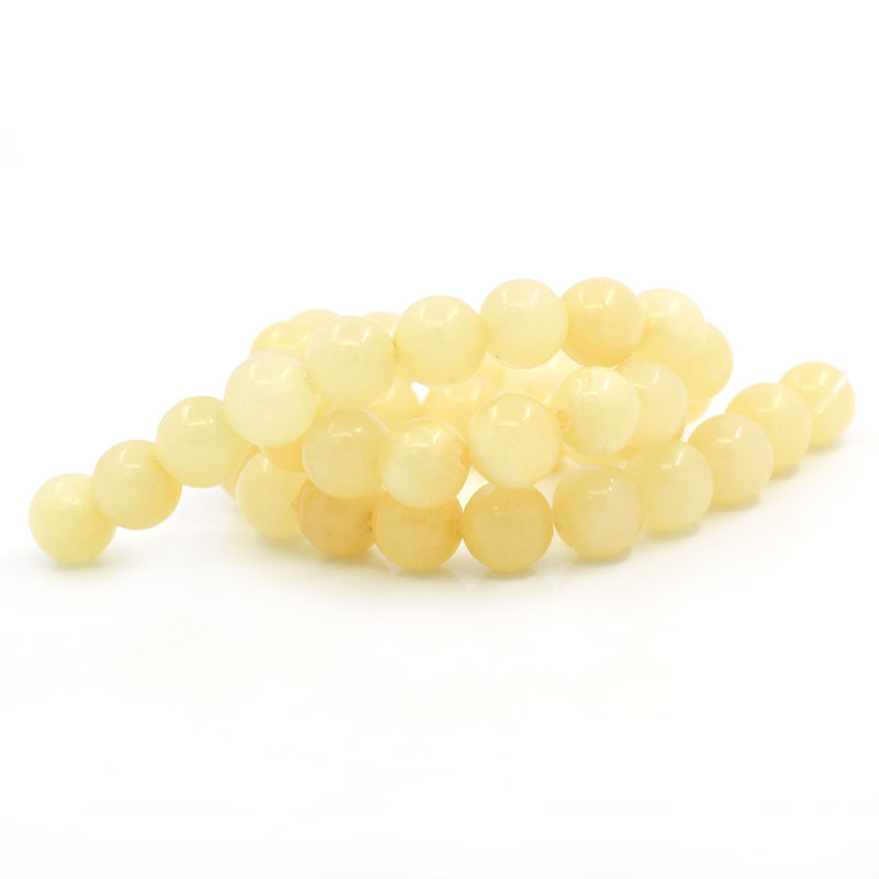 ลูกปัดหินJasperเหลืองสังเคราะห์ ขนาด 10mm เม็ดกลมสีเหลืองอ่อน 1 เส้นยาว 38cm ประมาณ 39 เม็ด