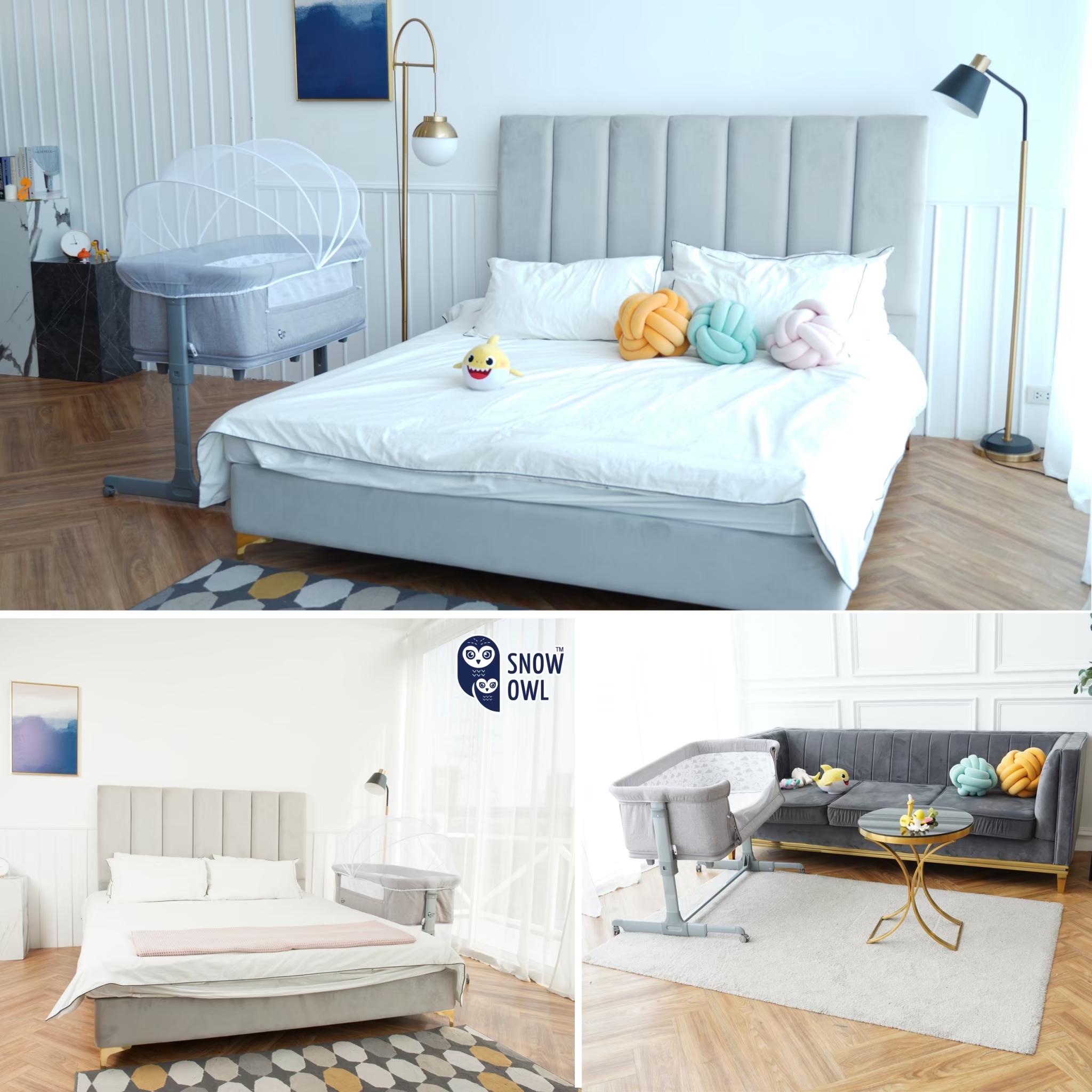 SNOW OWL™ BABY BEDSIDE CRIB เตียงนอนเด็ก All in One สี GREY มีขาโยกได้
