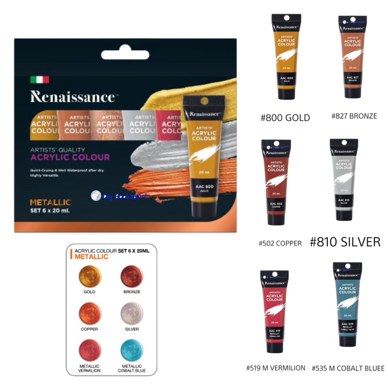 ชุด สีอะคริลิค 6 สี Renaissance รุ่น METALLIC / GLITTER ปริมาณ 20 ml.