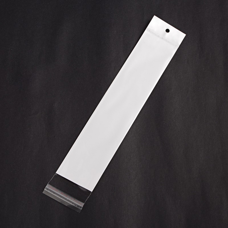 ถุงพลาสติกใส OPP(ถุงแก้ว) ฝากาว+หัวรูแขวน หลังขาว ขนาด 5x29 ซม. (ส่วนใช้งาน 5x23.5 ซม.) หนา 0.1 มม.