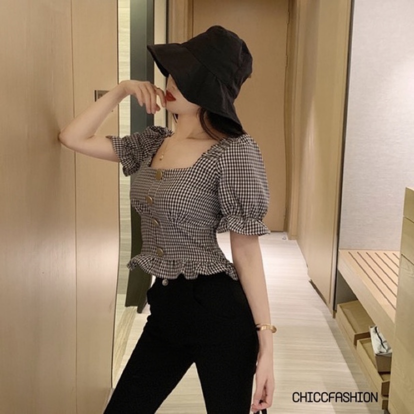 เสื้อครอปลายสกอตแขนสั้น สม็อคหลัง