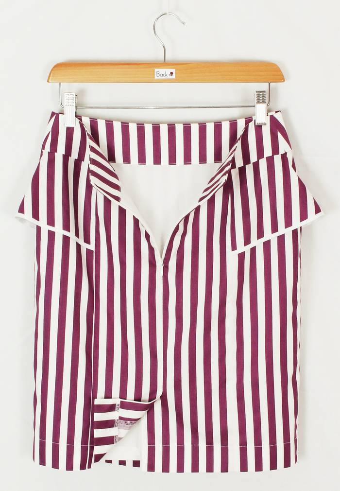 SK-224 กระโปรงแฟชั่น&ทำงาน ทรงสอบแต่งระบาย ผ้าคอตตอนสีม่วงพื้นขาว พิมพ์ลายทาง