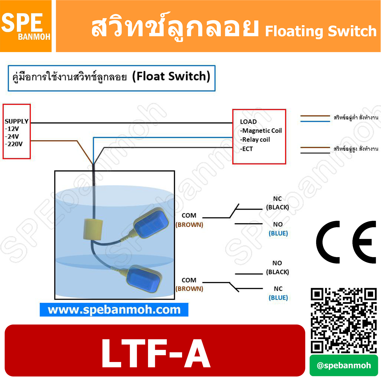 สวิทช์ลูกลอย LTF วัดระดับน้ำ สั่งปั๊มทำงาน ลูกลอยปั๊ม ลูกลอย สวิทช์ระดับน้ำ ลูกลอยปั๊ม (Float Switch) LTF-A 3M 16A 250VAC By เอสพีอี บ้านหม้อ SPE Banmoh