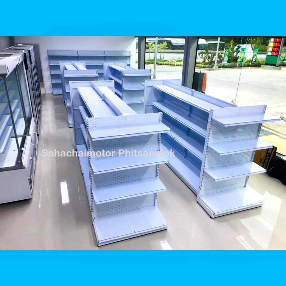 ชั้นวางสินค้าแบบ 1ด้าน รุ่นผนังหลังทึบ(พั้นชิ่ง) 4ชั้นรวมฐาน ขนาด 90x150cm. ชั้นวางสินค้า ชั้นวางผนังรู ชั้นเรียงสินค้า