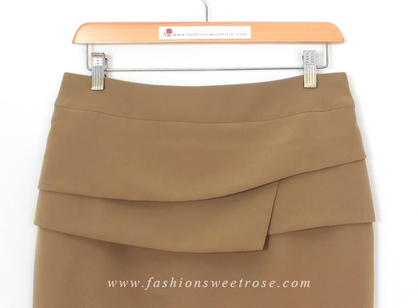 SK-469 กระโปรงทรงสอบ ผ้า Double Twist สีน้ำตาล Chocolate แต่งผ้าซ้อน 3 ชิ้น