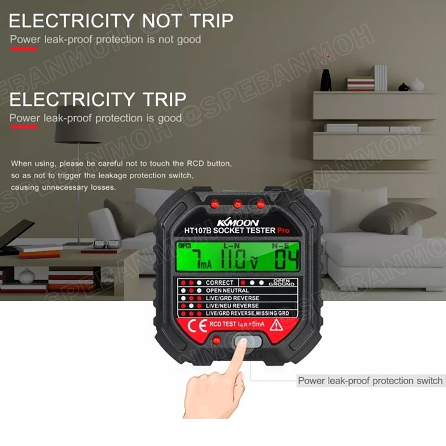 HT107B ปลั๊กเชคเต้ารับ Socket Outlet Tester อุปกรณ์เช็ตเค้ารับ LCD Digital จอแสดงผล LCD เทสเต้ารับ ระบบ GFCI / RCD TEST เครื่องเทสการต่อสาย อุปกรณ์ทดสอบไฟรั่ว Eletricaly Leak-prooftest ขาเสียบ US 2ขาแบน