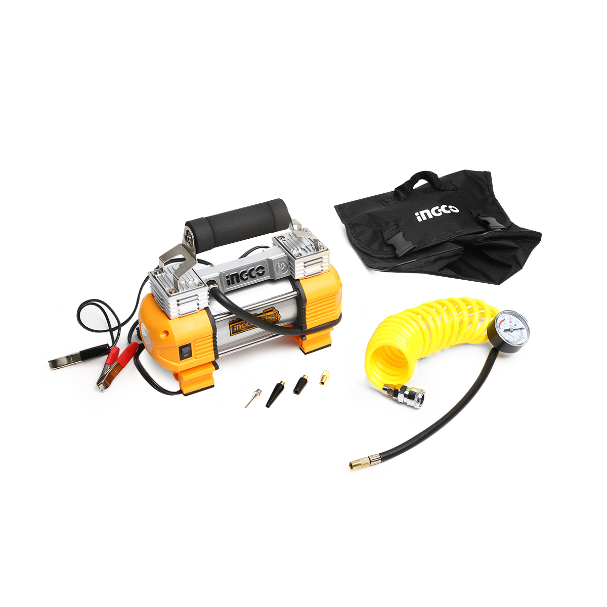INGCO AAC2508 ปั๊มลมมินิ 12 โวลต์ 18 แอมป์ แรงดันลมสูงสุด 120 PSI (8 บาร์)