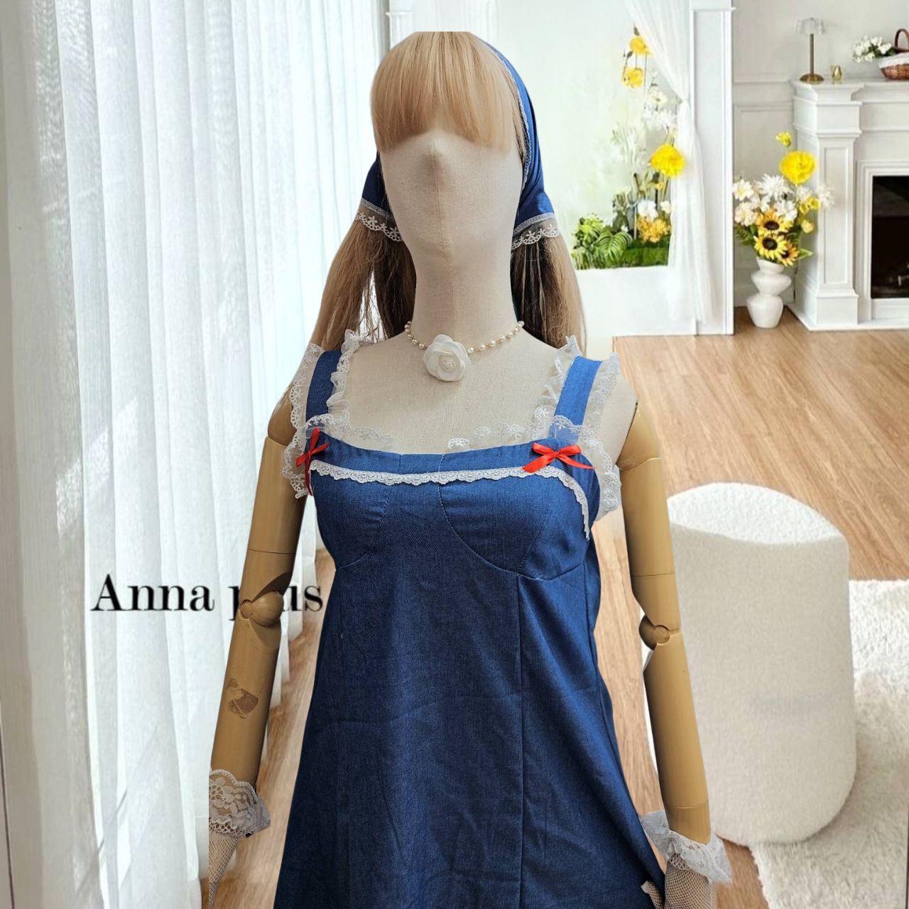 A211 เดรส สาวอวบ ผ้ายีนส์ แต่งลูกไม้ มีผ้าโพกผม มาพร้อมเสื้อคลุมจะรับเดรสอย่างเดียวก็ได้ อก40-50 นิ้ว ผ้ายีนส์ อก40-50นิ้ว