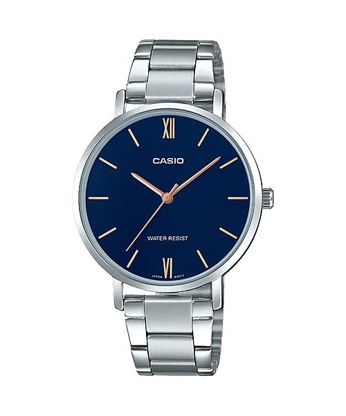 CASIO Standard รุ่น LTP-VT01D-2BUDF สีเงิน หน้าปัดน้ำเงิน สายสแตนเลส สินค้าใหม่ ของแท้ รับประกันศูนย์ CMG