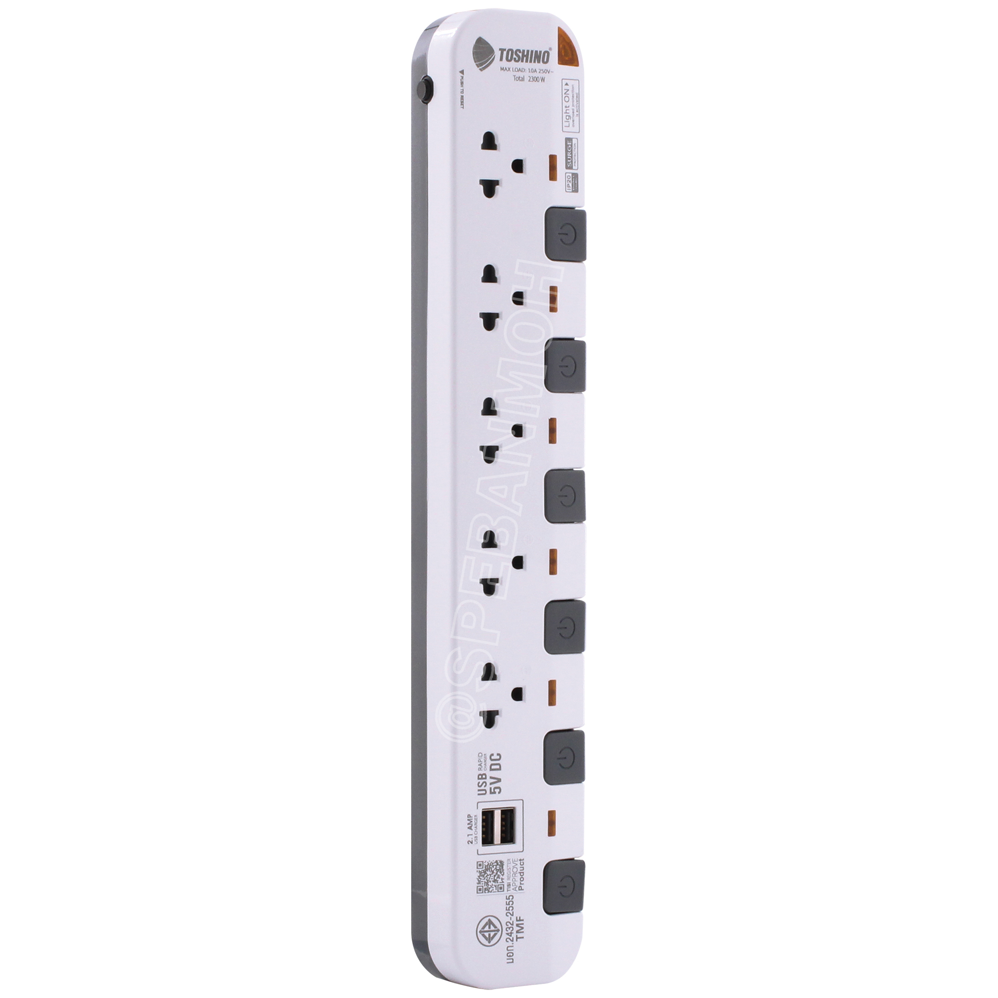 P5375USB-5M ปลั๊กพ่วง Toshino รางปลั๊กไฟ P Series รุ่น P5375USB 5 เมตร 5ช่อง 2USB 2.1A 5สวิตซ์ 5เมตร 250V 10A 2300W ระบบ Surge Protection ป้องกันไฟกระชาก Circuit Breaker ป้องกันไฟเกิน ผลิตจากวัสดุไม่ลามไฟ ม่านนิรภัย ป้องกันนิ้วมือสัมผัสทองเหลืองด้านใน