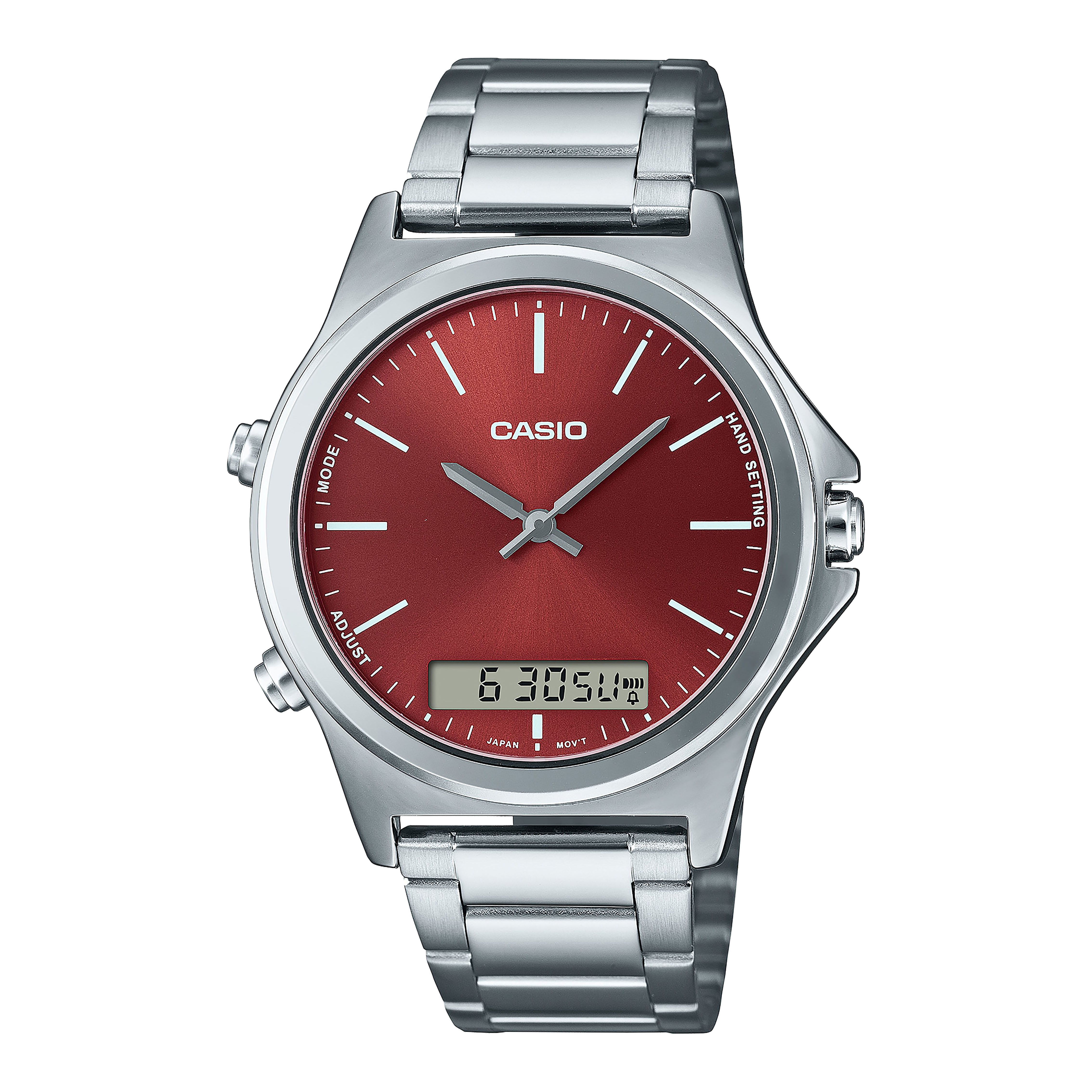 CASIO Anloq & digital รุ่น MTP-VC01D-5EUDF สองระบบ เข็ม ดิจิตอล สีเงิน หน้าปัดแดง สายสแตนเลส สินค้าของเเท้ รับประกันสูนย์ CMG 1 ปี