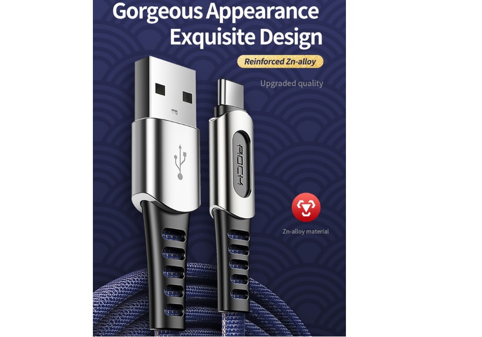 Rock M8 Zn-alloy Type-C Charge& Sync Cable 1M สายฟาสต์ชาร์จและซิงค์ Type-C สายถักอย่างดี 1 เมตร