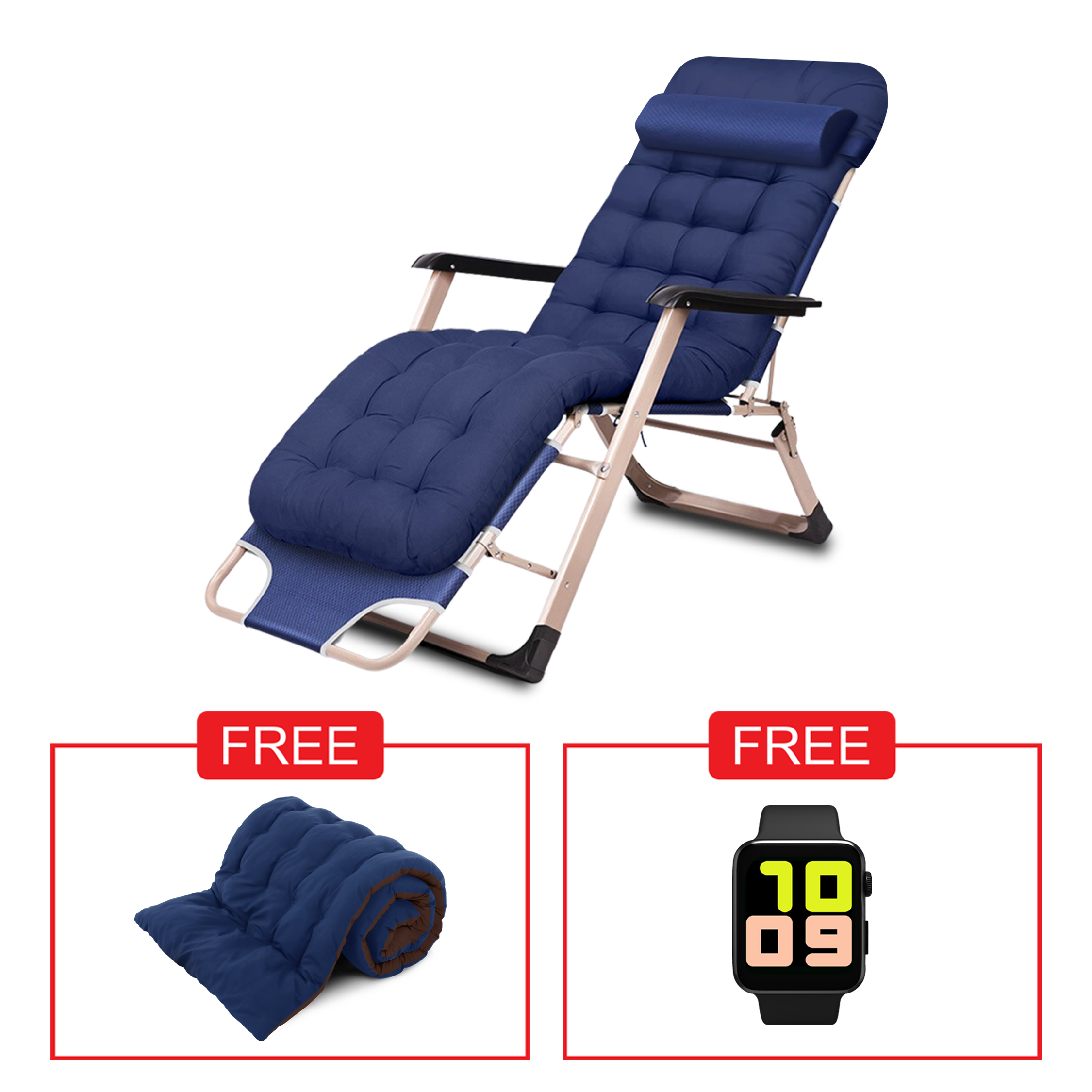 เก้าอี้พับขาเหลี่ยม รุ่น SUPER BED CHAIR 1 ชิ้น แถมฟรี เบาะรองนอน รุ่น ทูโทน สีน้ำตาล/กรม 1 ชิ้น + นาฬิกาสมาร์ทวอทช์ สีดำ รุ่น V.2 1 ชิ้น