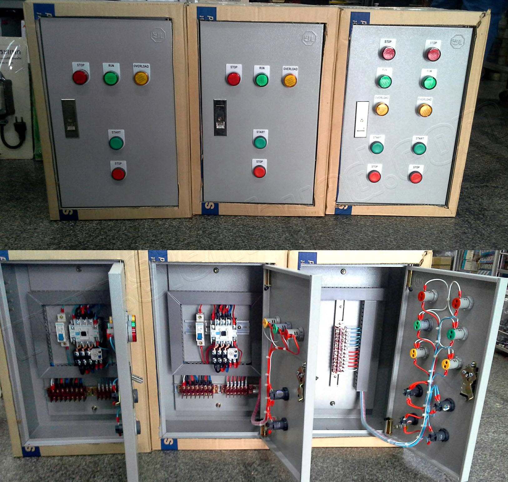 ตู้ควบคุมมอเตอร์ Start Stop สตาร์ท สต๊อป (อุปกรณ์ไฟฟ้า WALL MOUNTING CABINET (KJL), LED Pilot Lamp (PNC), Control Switch (TELEMECANIQUE) (Schneider Electric), Fuse (Ferraz Shawmut) (MERSEN), MAGNETIC CONTACTOR (MITSUBISHI)