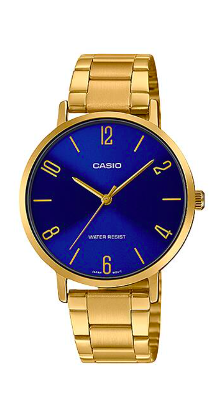 CASIO Standard รุ่น LTP-VT01G-2BUDF สีทอง จอน้ำเงิน สายสแตนเลส สินค้าใหม่ ของแท้ รับประกันศูนย์ CMG