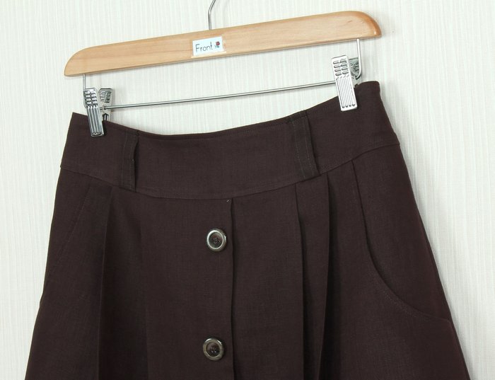 SK-240 กระโปรงแฟชั่น&ทำงาน ทรงบาน ผ้าลินินญี่ปุ่นสีน้ำตาลเข้ม มีกระเป๋าล้วงได้ 2 ข้าง