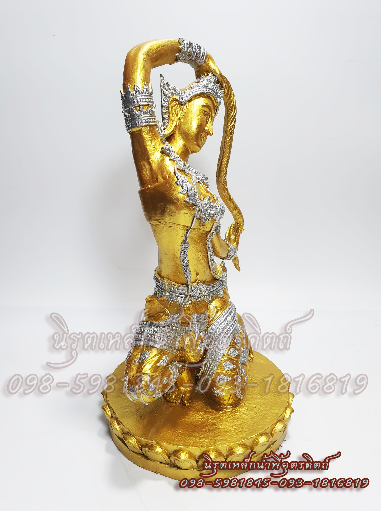 พระแม่ธรณีเนื้อแร่เหล็กน้ำพี้ 7.5 นิ้ว องค์สีทองทรงเครื่องเงิน ของแท้จากโรงหล่อบ้านน้ำพี้