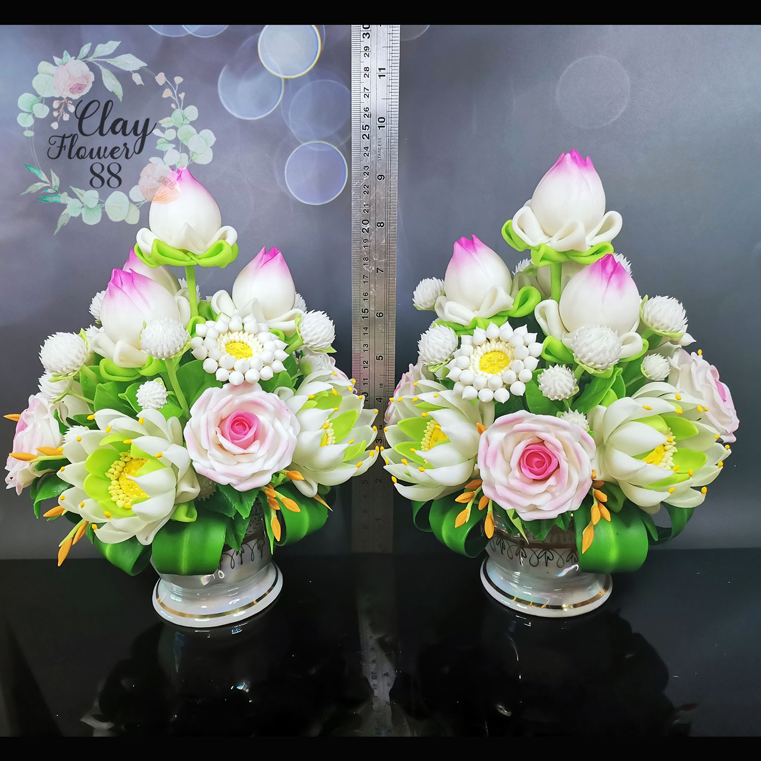 ชุดคู่ ดอกบัวไหว้พระ งาน ดอกไม้ประดิษฐ์ (สูง 9 นิ้ว) ดอกไม้ไหว้พระ ดอกไม้ถวาย บูชาพระ ดอกบัวประดิษฐ์ ดอกไม้ดินปั้น จาก ดินไทย (ราคาต่อคู่)