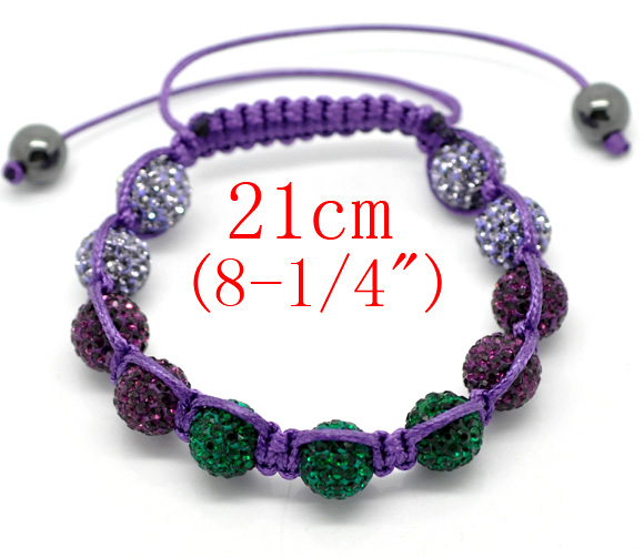 สร้อยข้อมือเชือกถักพลอย Rhinestone Polymer Clay สีขาวเขียวม่วง ขนาด 21cm-25cm(8-10 นิ้ว). ปรับความยาวได้ 1 เส้น