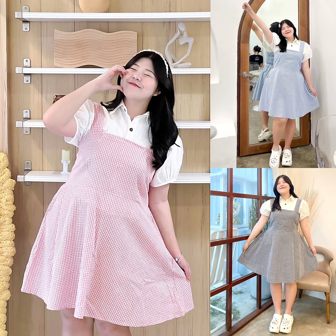A058 เดรสสาวอวบ ลายสก็อตมาพร้อมเสื้อเชิตแขนจั็ม สีขาว อกได้ถึง50 มี3สี ฟรีไซส์ อกได้ถึง52