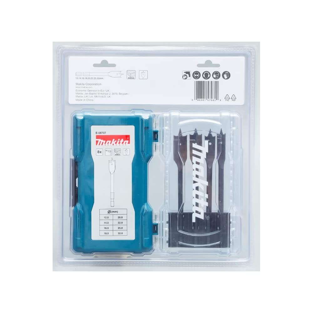 Makita E-08707 ดอกเจาะใบพาย เจาะไม้ 8ตัวชุด ก้านหกเหลี่ยม 1/4นิ้ว.