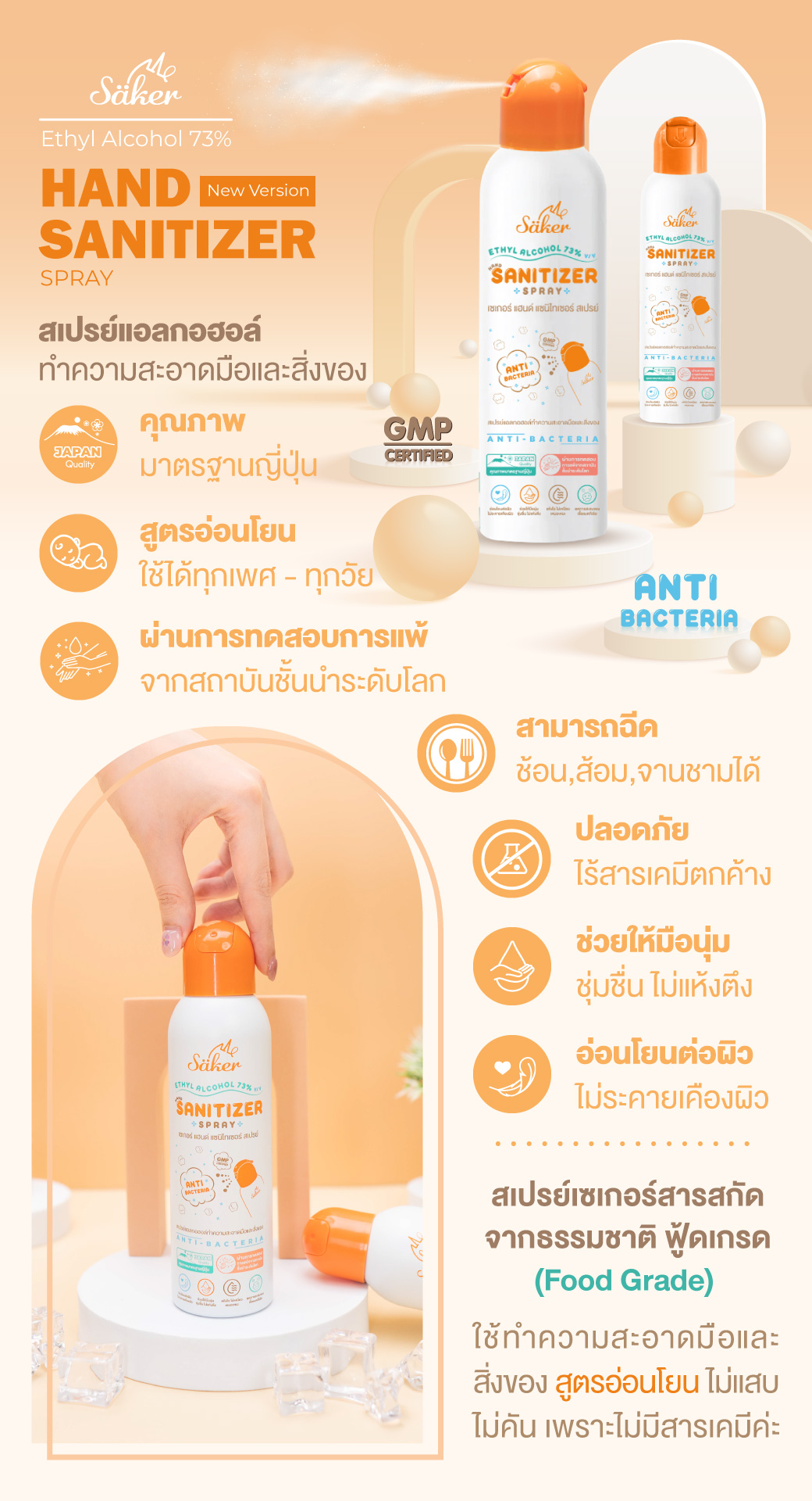 Saker สเปรย์แอลกอฮอล์ขวดใหญ่ จากพืชธรรมชาติ ฟู้ดเกรด(Food Grade) ทำความสะอาดมือ,ผิวหนัง,สิ่งของ เกรดสัมผัสอาหารได้(มาตรฐานญี่ปุ่น)