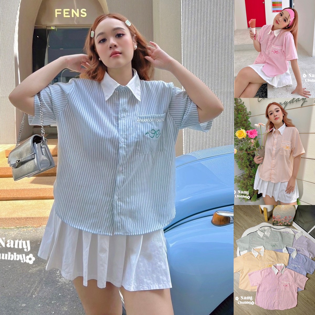 J025 เสื้อเชิ้ตคอปก สาวอวบ ผ้าลายริ้ว อกได้ถึง50นิ้ว
