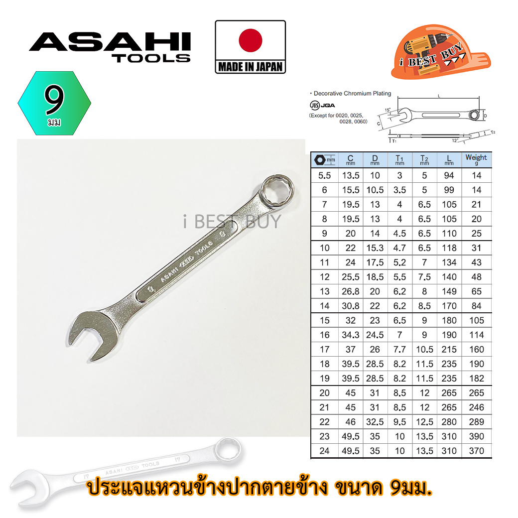 Asahi ประแจแหวนข้างปากตาย อาซาฮี ขนาด 9มม. ผลิตจากประเทศญี่ปุ่น