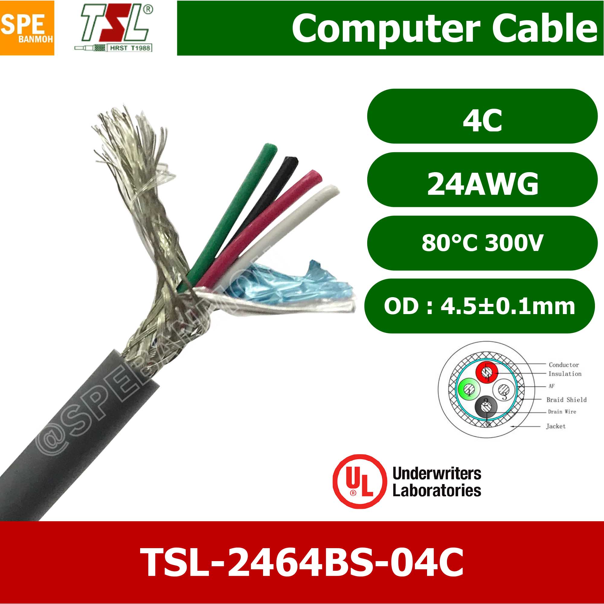 [ 2 เมตร ] TSL UL2464 4C สายคอมพิวเตอร์ 4คอร์ 0.2 mm2 300V 80C สายมัลติคอร์ TSL แบบชีลถัก มาตรฐานUL Braid Shield Mylar Foil แบบชีลถัก สายไฟ สายคอร์นำสัญญาณ