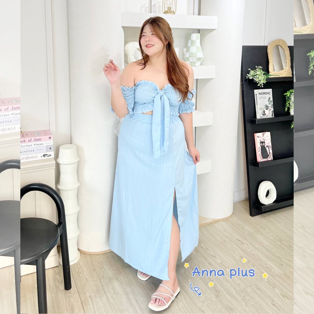 A145 ชุดเซ็ท สาวอวบ plus size งาน3ชิ้น เสื้อเกาะอก กระโปรง ผ้าผูกอกหรือผูกผม ขาว ดำ ฟ้า น้ำตาล อก40-50 นิ้ว