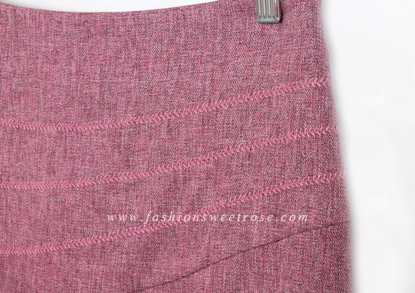 SK-422 กระโปรงแฟชั่น&ทำงาน ทรงสอบ ปักลายก้างปลา ผ้าคอตต้อนลินินไอริสสีชมพู
