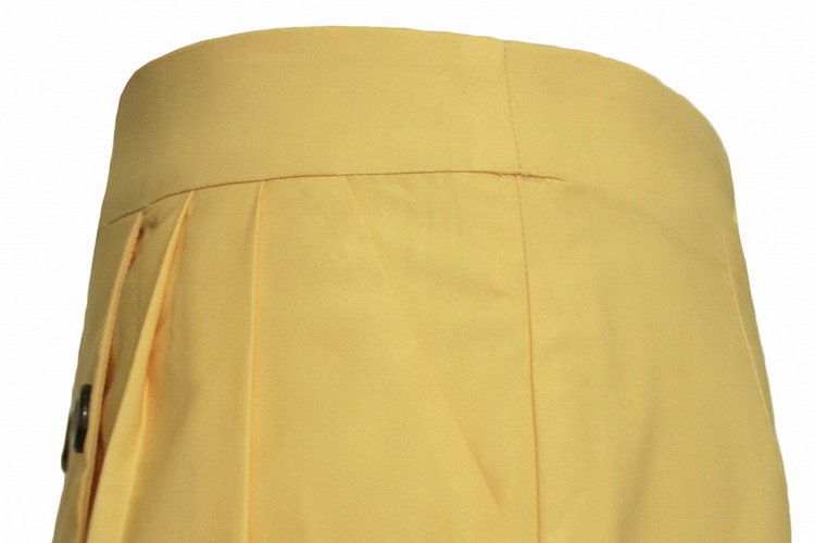 SK-092 กระโปรงแฟชั่น&ทำงาน ทรงสอบ ผ้าคอตต้อนญี่ปุ่นผสมสเปนเดกสีเหลือง แต่งด้วยกระดุม 6 เม็ด