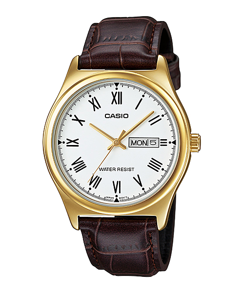 CASIO Standard รุ่น MTP-V006GL-7BUDF สีน้ำตาล เลขโรมัน มีวันที่ สินค้าของเเท้