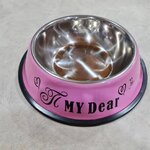ชามอาหาร ชามน้ำ สเเตนเลสสีชมพู สำหรับสัตว์เลี้ยง พร้อมยางกันลื่น ไซส์M (ราคารวมส่ง)