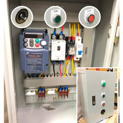 ตู้ควบคุมอินเวอร์เตอร์ ติดตั้ง วอลลุ่ม สตาร์ทสต็อป จากภายนอก อินเวอร์เตอร์ (อุปกรณ์ WALL MOUNTING CABINET (KJL) Control Switch (TEND), CIRCUIT BREAKER, (MITSUBISHI), MCB, Relay (OMRON), INVERTER (FUJI)