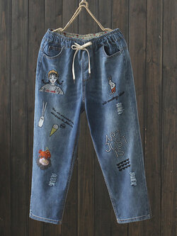 JPNT-009 กางเกงยีนส์ขายาว 5 ส่วน ปักลายการ์ตูน เอวยางยืด เนื้อผ้านิ่มไม่หนา