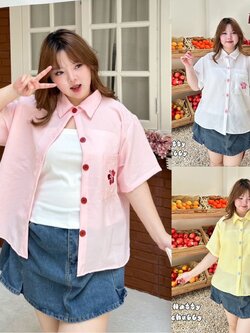 J131 เสื้อเชิ้ต สาวอวบ กระเป๋าเสื้อปักดอกชบา ขาว ชมพู เหลือง อกได้ถึง 48 นิ้ว (หน้าผ้า50นิ้ว)