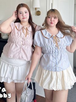 J188 เสื้อ สาวอวบ ปกบัวกุ้นกำมะหยี่ ลายริ้ว ชมพู ฟ้า อก48นิ้ว หน้าผ้า50นิ้ว