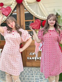 J096 เดรสสาวอวบ อกได้ถึง 48นิ้ว หน้าผ้า50นิ้ว แดง ชมพู อก 38-48 นิ้ว