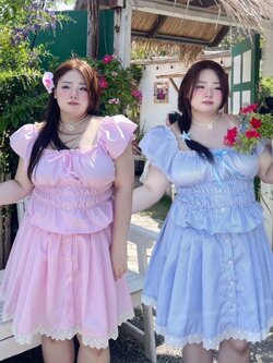 J111 ต้อนรับลมร้อน ชุดเซ็ท สาวอวบ 2 ชิ้น เสื้อ มาพร้อมกระโปรง ชมพู ฟ้า อกได้ถึง48 นิ้ว เอว34-42นิ้ว