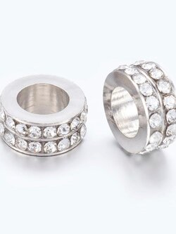 ลูกปัดยุโรปรูใหญ่ rondelle แพลทตินัมประดับพลอย rhineston ขนาด 11 มม. สีขาว 2 เม็ด