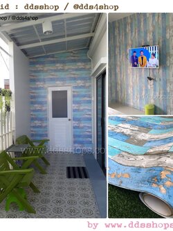 วอลล์เปเปอร์แบบมีกาวในตัว "ลายไม้เก่าสีฟ้า สไตล์วินเทจหน้ามันเงา" หน้ากว้าง 122 cm x 1m (สั่งมากกว่า 1m ตัดยาวต่อเนื่อง)