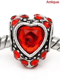 ลูกปัดเงินยุโรป antique รูใหญ่รูปหัวใจ ประดับพลอย Rhinestone สีแดง ขนาด 12x10mm รู 5mm 1 เม็ด