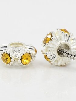 ลูกปัดยุโรปรูใหญ่ rondelle อัลลอยด์ดอกไม้พลอย rhinestoneสีเหลือง เกรดA ขนาด 15x8.5 มม. รู 5 มม. 2 เม็ด