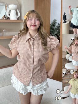 J183 เสื้อสาวอวบ ลายสก็อต แขนตุ๊กตา มีเชือกพูกหลัง ชมพู เหลือง เขียว ม่วง อกได้ถึง48นิ้ว หน้าผ้า50นิ้ว