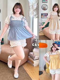 J142 เสื้อสาวอวบ เสื้อ 2 ชิ้น เสื้อ+เอี้ยมตัวนอก ผ้าไหมอินตาลี่ ตัวเอี้ยมสม็อคทั้งตัว ฟ้า เหลือง ครีม อก48"(หน้าผ้า50")