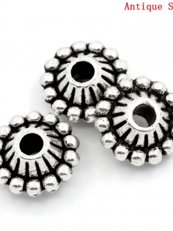 ลูกปัดตัวคั่น spacer โลหะเงิน antique ลายจุดโดยรอบ ขนาด 11 มม. รู 3 มม. แพ็ค 50 เม็ด