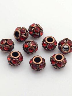 ลูกปัดทองเหลืองพลอย Rhinestone เกรด A สีทองแดงเม็ดกลม ขนาด 12x10mm รู 3 mm แพ็ค 2 เม็ด